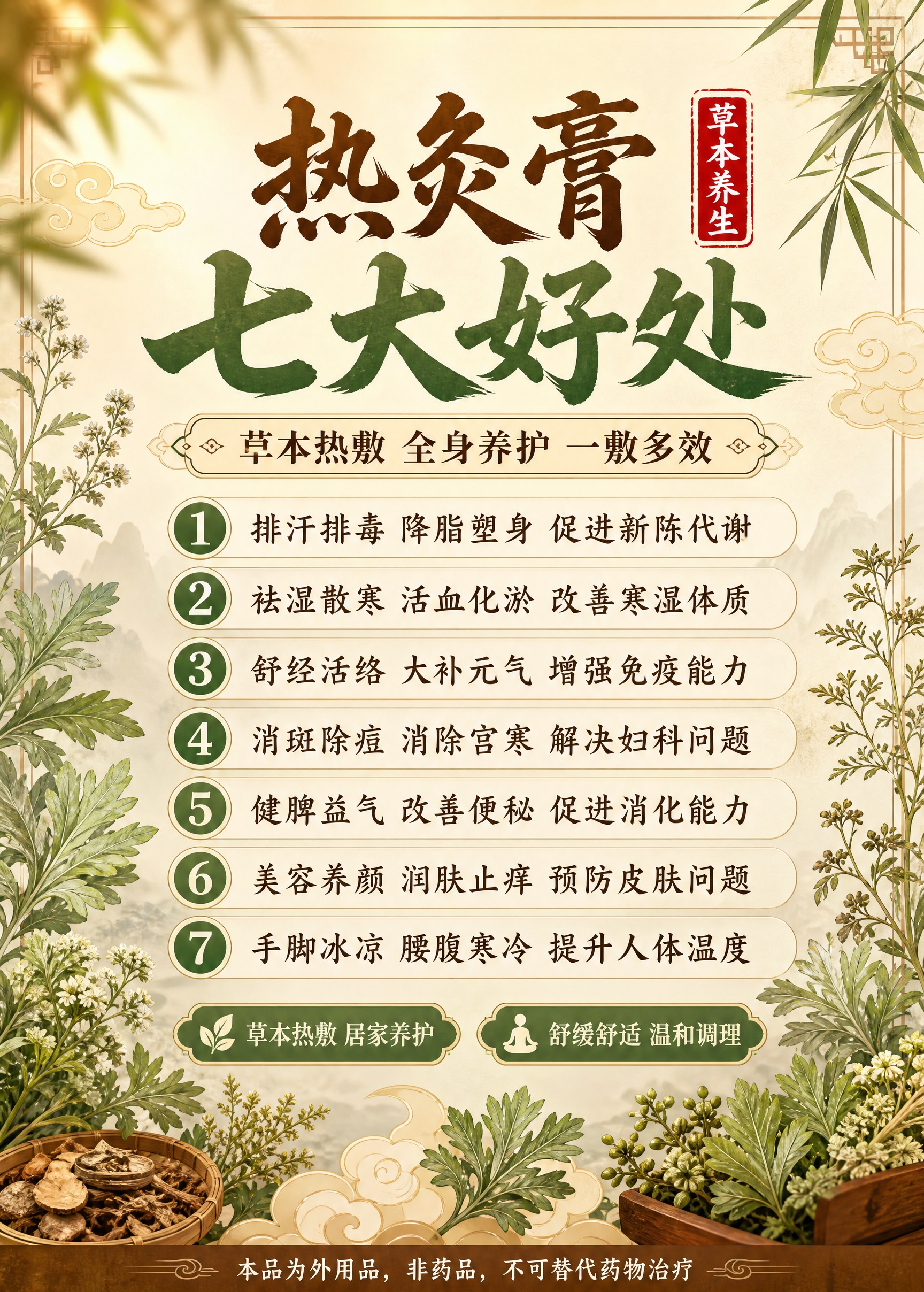 一张竖版5:7比例的热灸膏7大好处宣传海报，中式草本养生风格，… - 图片创意预览