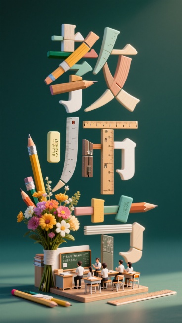 "教师节"文字3D微缩景观，教的笔画由不同的文具拼接而成，师字的笔画是师生上课的微缩景观，节的笔画是花束形式的微缩景观，放在一块简单的墨绿色背景上。预览效果