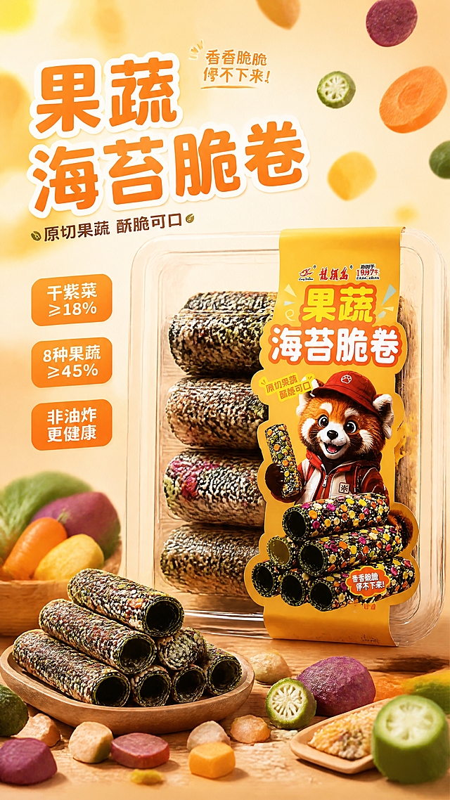 [第1张] 详情页头图-龙须岛果蔬海苔脆卷食欲海报。本张使用【图1】（果蔬海苔脆卷产品图）作为商品主体。
[氛围/风格] 清新活力零食风，暖橙色调，酥脆有食欲，可爱治愈，商业摄影质感。
[元素布局] 产品包装盒位于画面右侧中部，占比约50%，包装外观、颜色、小熊猫IP形象与输入图一致；左侧为标题文案区；前景散落一些果蔬干颗粒（紫薯、红薯、胡萝卜、秋葵等）做装饰；背景是暖橙色渐变，有轻盈的果蔬元素点缀。
[光影质感] 左上方柔和暖光，产品包装正面清晰有光泽，果蔬颗粒有酥脆高光，整体明亮温暖有食欲。
[配色色系] 全局底色 #FFF3E0 暖橙渐变；主色暖橙 #FF7F23 + 深橙 #E65100；辅助色果绿 + 紫薯紫点缀，活力清新。
[视角构图] 左文右图版式，产品为视觉重心，阅读动线从左上标题到右侧产品。
[文字版式] 左上标题区：主标题「果蔬海苔脆卷」暖橙色超大粗体字，带白色描边；副标题「原切果蔬 酥脆可口」深棕色小字。下方三个圆角胶囊卖点：「干紫菜≥18%」「8种果蔬≥45%」「非油炸更健康」，白字橙底。底部小字「香香脆脆 停不下来！」。文字不遮挡产品主体。
[比例分辨率] 9:16 竖版比例，4K 分辨率，文字清晰可辨，高清画质。
[负向提示词] 包装变形，颜色偏差，水印，文字错乱，产品模糊，IP形象变形。