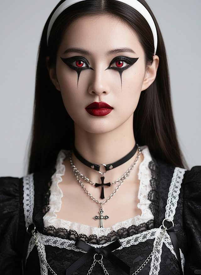 眼妆以浓郁黑色打造夸张飞翘的下至效果，搭配红色虹膜；唇妆为饱满正红，穿着黑白哥特式服饰，佩戴白色发箍、黑色项圈、金属链条和十字架饰品，面部光