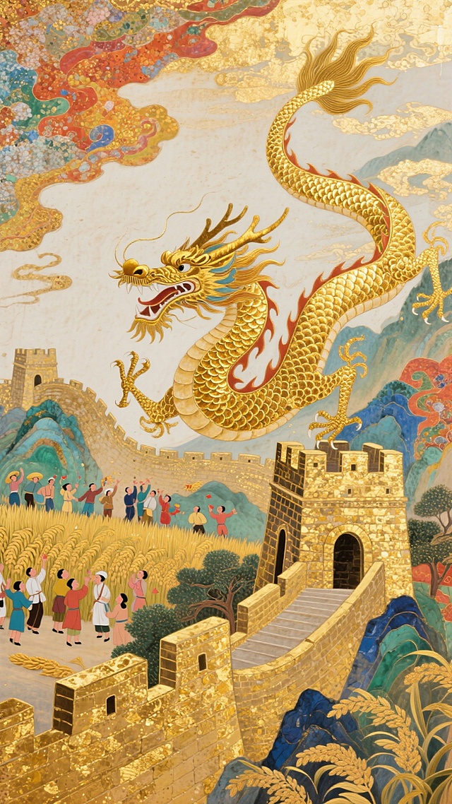 一条由盘金绣工艺制成的金色巨龙腾飞于长城之上，龙鳞闪耀着金属光泽，背景是农民画风格的欢庆人群和丰收稻田，色彩对比强烈，构图饱满，画面喜庆热烈，充满力量感。盘金绣龙 农民画背景 金色长城 喜庆热烈