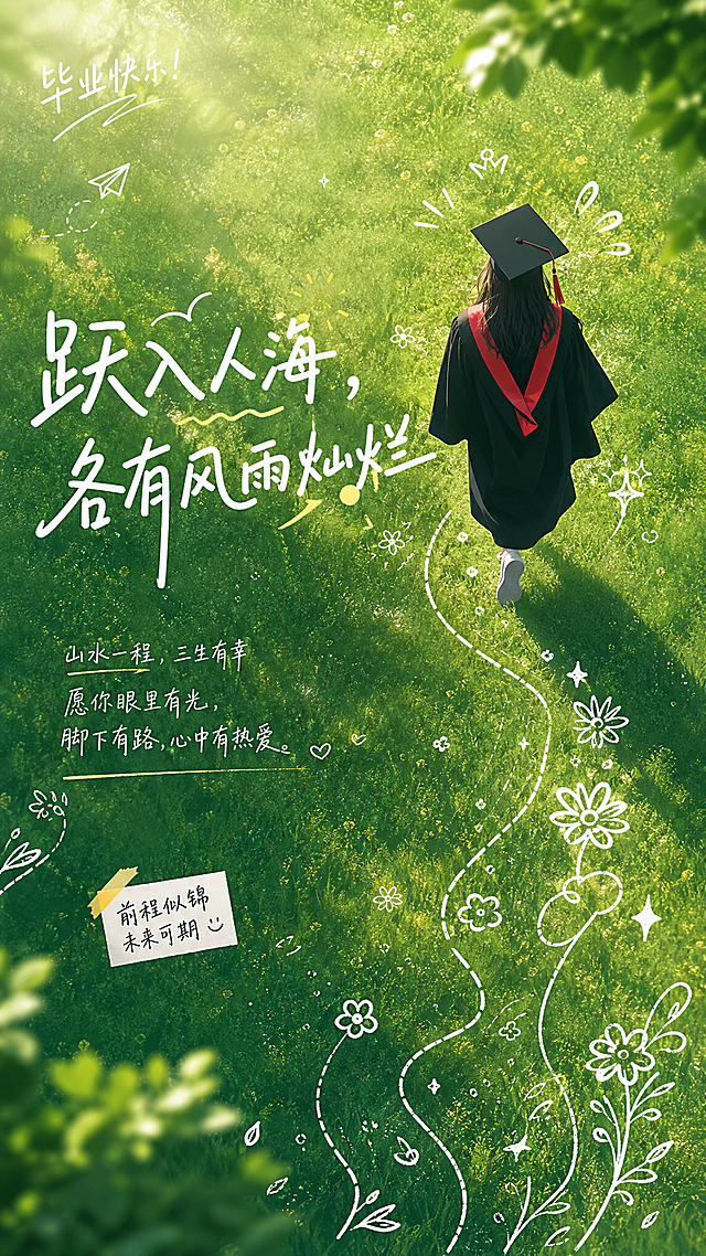 模仿参考图的设计风格和调性，绿色草地背景，学士服背影人物，手绘简笔画装饰，更换文案为"跃入人海，各有风雨灿烂"，排版细致，排版整体差异化创意，尺寸9:16，保留清新氛围感和手写涂鸦风格