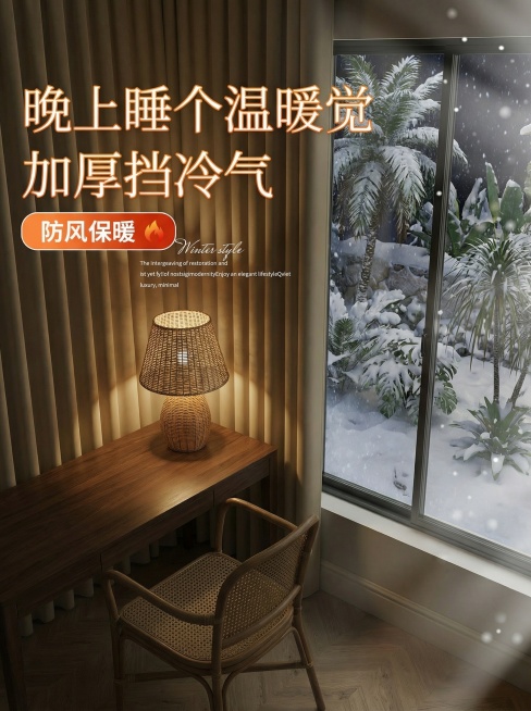 保持窗帘的面料和花纹不变，把室内家居场景换成不同风格，各种角度都来一点，窗户外面一定要是冬天，还有室内要有温暖的氛围预览效果