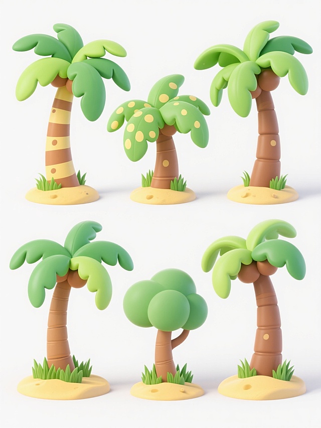 6棵不同配色、不同样式、不同材质的卡通风格椰子树，保持明亮饱和的色彩，每棵树拥有独特的绿色调叶片和棕色调树干，部分树干可添加条纹或斑点纹理，叶片形态各异，有的宽大舒展，有的略向内卷曲，根部带有绿色草丛和黄色沙地底座，整体呈现圆润可爱的造型，边缘清晰，带有轻微的阴影效果以增强立体感，所有椰子树在纯白色背景上排列整齐，形成有序的视觉布局。