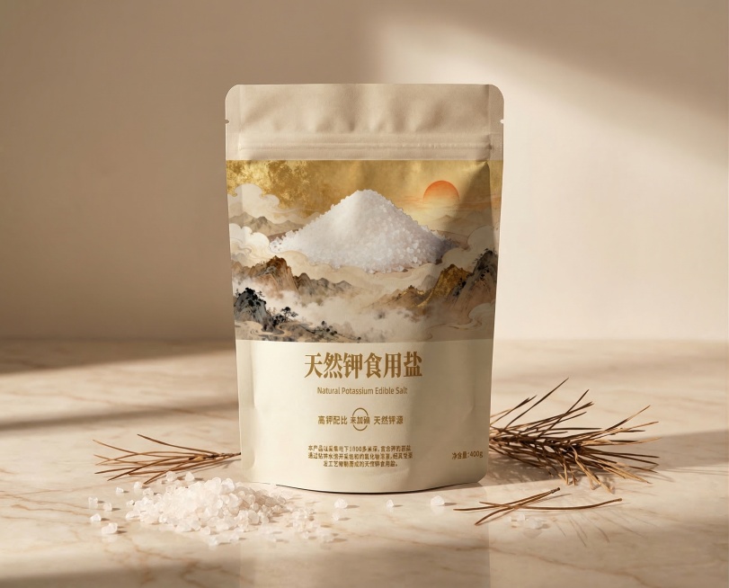 将提供的天然钾食用盐包装设计图应用到自立式食用盐软包装袋上，生成盐袋包装展示效果图，放置在简约浅色的大理石台面上，搭配少许散落的岩盐晶体和干松针作为点缀，采用柔和的侧方暖光，突出包装袋的哑光质感，整体预览效果