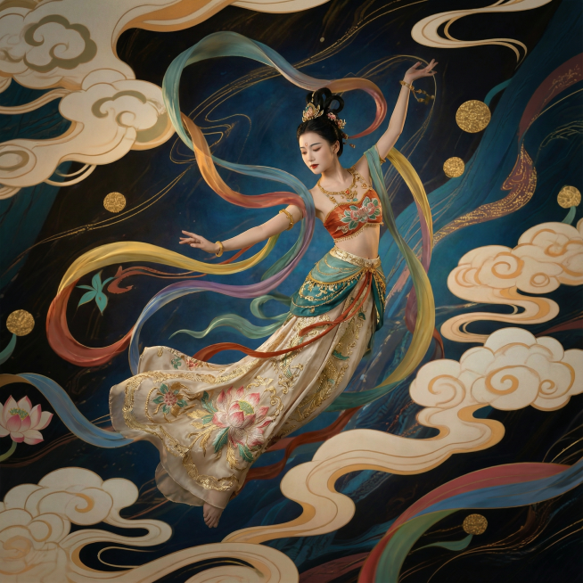 真人模特身披敦煌风格五彩斑斓且轻盈飘逸的彩带，身着绣有精美莲花图案的华丽裙裾，在天空中翩翩起舞，模特身体周围环绕着敦煌风格的祥云和飘花预览效果