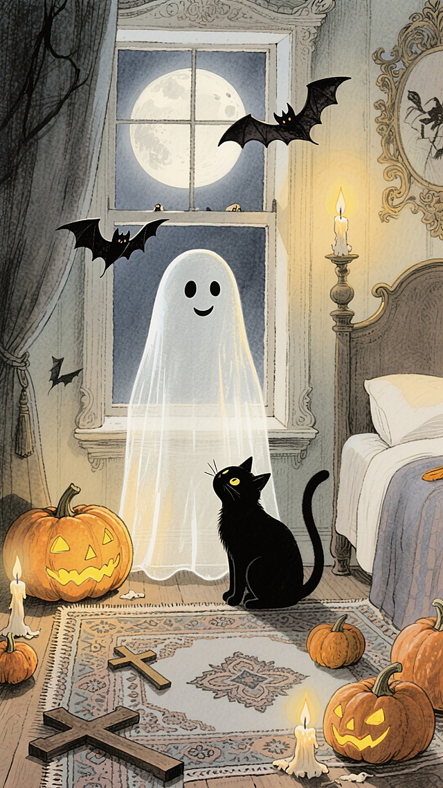 主体是一个可爱的幽灵，站在窗前看月亮，旁边有一只黑色猫咪。背景是巴洛克风格的卧室，装饰着南瓜灯、蝙蝠、蜡烛等万圣节元素，地面有南瓜、十字架和地毯