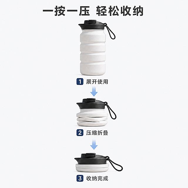 [第4屏] 本屏功能定义：折叠水壶收纳功能演示，展示展开使用到折叠收纳的过程。
[氛围/风格] 步骤演示风格，干净清晰，操作流程直观明了。
[元素布局] 画面从上到下分为三个步骤区域：第一步展示完全展开状态的水壶（使用【图1】产品主体，颜色结构和原图一致），第二步展示逐步压缩折叠过程，第三步展示完全折叠后的薄型状态。三个步骤用箭头连接，清晰展示操作流程。
[光影质感] 整体均匀照明，每个步骤状态清晰，产品结构轮廓清楚，阴影柔和自然。
[配色色系] 全局底色：#F8F9FA（浅灰白）；箭头用浅蓝色，步骤编号用深蓝色圆角框，文字深灰色，主体产品颜色保持原图一致。
[视角构图] 竖版三步骤流程构图，从上到下阅读动线，每个步骤产品居中展示，占区域60%大小。
[文字版式] 顶部主标题"一按一压 轻松收纳"，粗体深灰字；每个步骤配数字编号+短说明："1. 展开使用"、"2. 压缩折叠"、"3. 收纳完成"，文字在对应产品下方，不遮挡产品主体。
[比例分辨率] 1:1 正方形比例，4K分辨率，文字清晰可辨。
[负向提示词] 产品变形，折叠结构错误，颜色偏差，文字错乱，箭头杂乱，步骤模糊，水印。