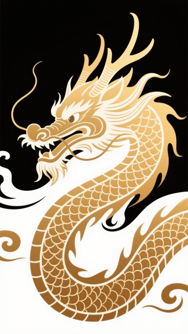 中国传统风格龙纹图案，金色渐变龙首与蜷曲龙身，流线型线条勾勒，龙角峥嵘，鬃毛飘逸，鳞片刻画细腻，整体呈现出威严庄重的氛围，采用单色渐变效果，白色背景衬托，具有强烈的装饰性和传统文化韵味。预览效果