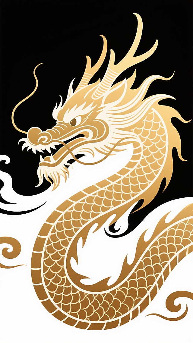 中国传统风格龙纹图案，金色渐变龙首与蜷曲龙身，流线型线条勾勒，龙角峥嵘，鬃毛飘逸，鳞片刻画细腻，整体呈现出威严庄重的氛围，采用单色渐变效果，白色背景衬托，具有强烈的装饰性和传统文化韵味。