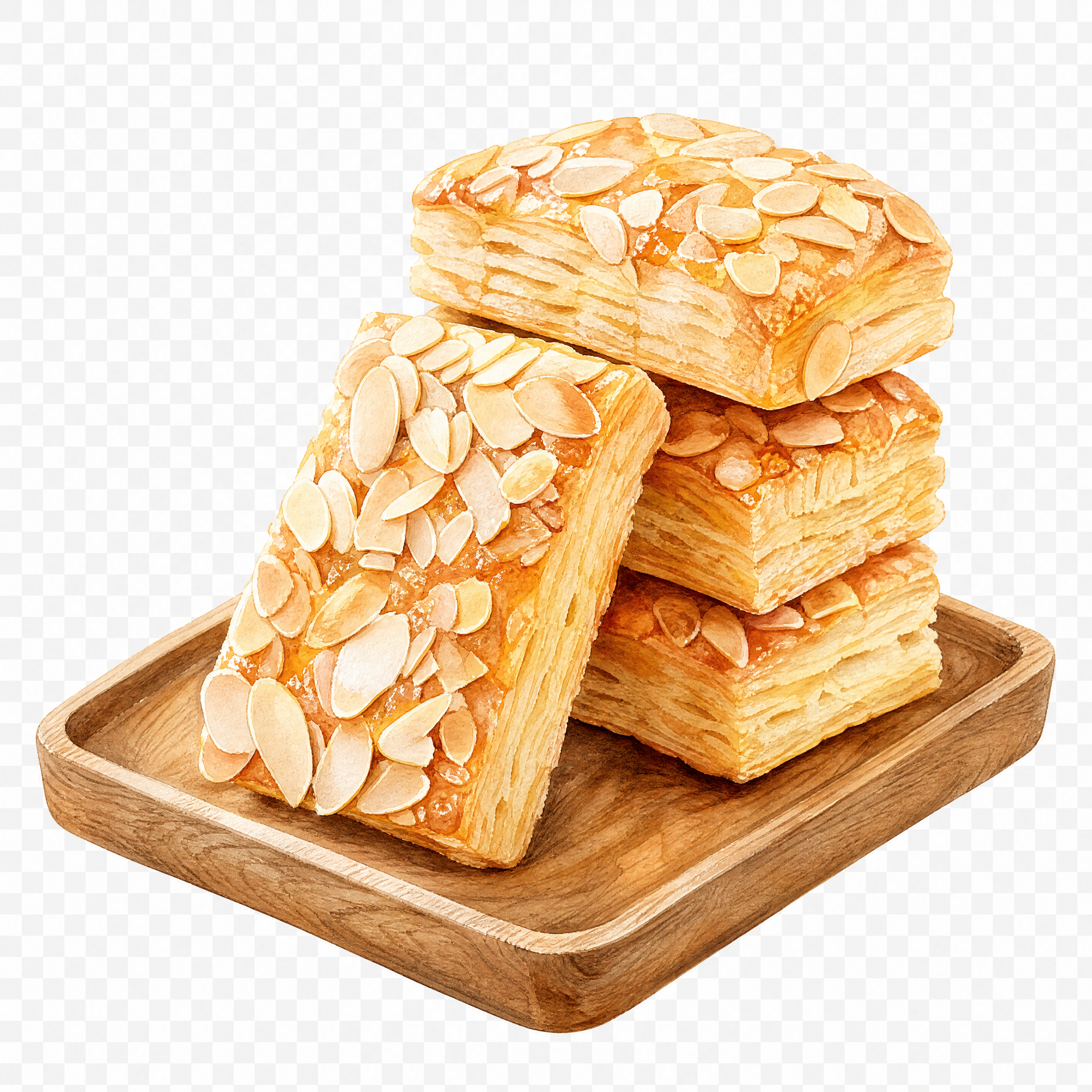 参考图中杏仁千层酥糕点的造型与堆叠方式，重新绘制为真实手绘水彩… - 图片创意预览