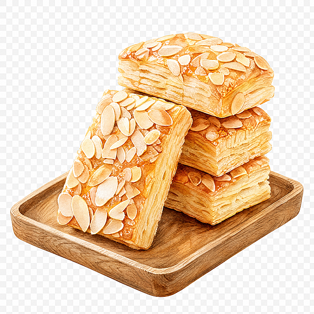 参考图中杏仁千层酥糕点的造型与堆叠方式，重新绘制为真实手绘水彩插画风格，糕点表面铺满杏仁片，层次分明，色泽金黄诱人。糕点下方放置一个方形木质托盘，木盘有自然的木纹质感。去除背景，背景为纯白色透明，整体画面精致细腻，手绘笔触自然柔和，美食插画质感