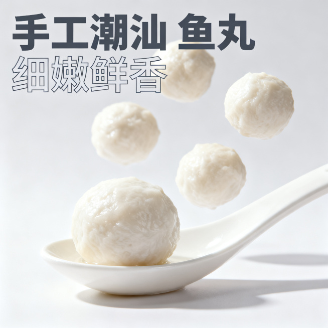 [主图 2] 潮汕鱼丸产品主图。[氛围风格] 现代极简风，灵动清新，风格和主图1保持完全统一，极具食欲感。[画质] 商业摄影质感，光线柔和通透，产品清晰真实，画面干净高级，超高清。[元素] 画面中心一预览效果