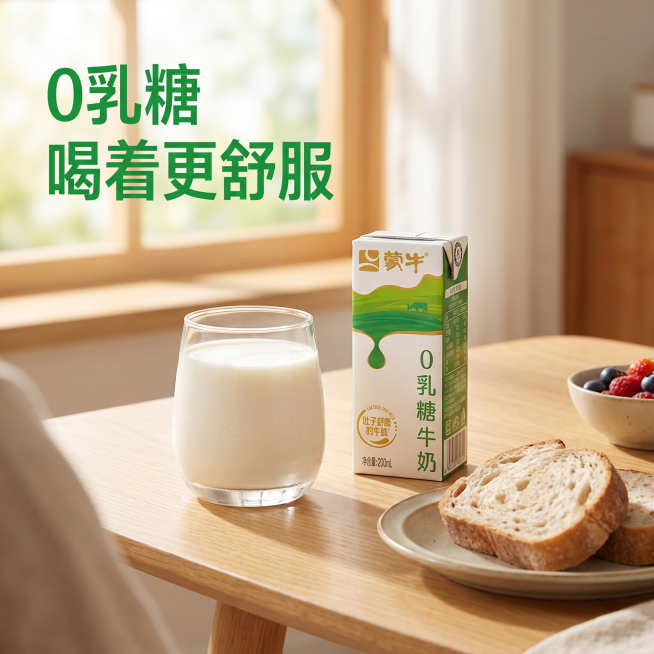 [主图 4] 蒙牛0乳糖牛奶场景体验主图，展示饮用场景代入感。
[氛围风格] 温馨日常早餐氛围感，自然生活方式
[画质] 商业摄影质感，光线柔和通透，产品清晰真实，画面干净高级
[元素] 干净的浅色早预览效果