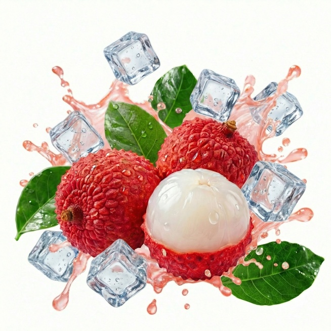 水果和果汁周围陪衬些冰块、飞溅的冰块，冰块参考图片2的冰块，冰块不要8个左右，水果和果汁颜色高清晰不变，纯白色背景悬空，图像完整高清晰大图预览效果