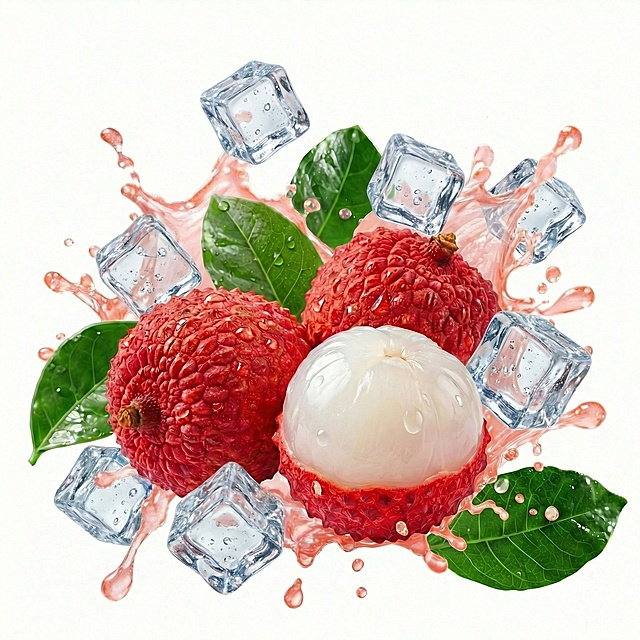 水果和果汁周围陪衬些冰块、飞溅的冰块，冰块参考图片2的冰块，冰块不要8个左右，水果和果汁颜色高清晰不变，纯白色背景悬空，图像完整高清晰大图