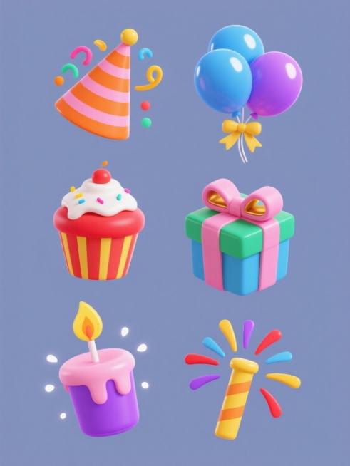 系列素材集合，规整排布在纯色背景上，保持简约现代的卡通插画风格，六个完全不同的节日庆典元素，每个元素都采用圆润的线条、鲜明的色彩对比和渐变过渡，具有轻微的立体感和光泽感，元素包括：1. 橙色和粉色条纹的派对帽，帽口飞出彩色卷曲彩带和圆点；2. 蓝色和紫色渐变的气球束，系着黄色丝带，气球上有白色高光；3. 红色和黄色的纸杯蛋糕，顶部有白色奶油和彩色糖屑；4. 绿色和蓝色的礼物盒，系着粉色蝴蝶结，……预览效果