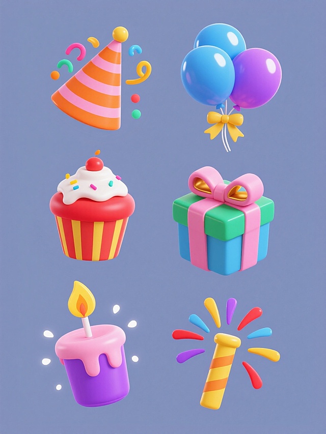 系列素材集合，规整排布在纯色背景上，保持简约现代的卡通插画风格，六个完全不同的节日庆典元素，每个元素都采用圆润的线条、鲜明的色彩对比和渐变过渡，具有轻微的立体感和光泽感，元素包括：1. 橙色和粉色条纹的派对帽，帽口飞出彩色卷曲彩带和圆点；2. 蓝色和紫色渐变的气球束，系着黄色丝带，气球上有白色高光；3. 红色和黄色的纸杯蛋糕，顶部有白色奶油和彩色糖屑；4. 绿色和蓝色的礼物盒，系着粉色蝴蝶结，盒盖微微打开，露出金色光芒；5. 紫色和粉色的生日蜡烛，蜡烛上有黄色火焰，周围有白色光点；6. 黄色和橙色的烟花，呈放射状绽放，有红色、蓝色和紫色的火花，所有元素大小一致，间距均匀，整体视觉风格统一。