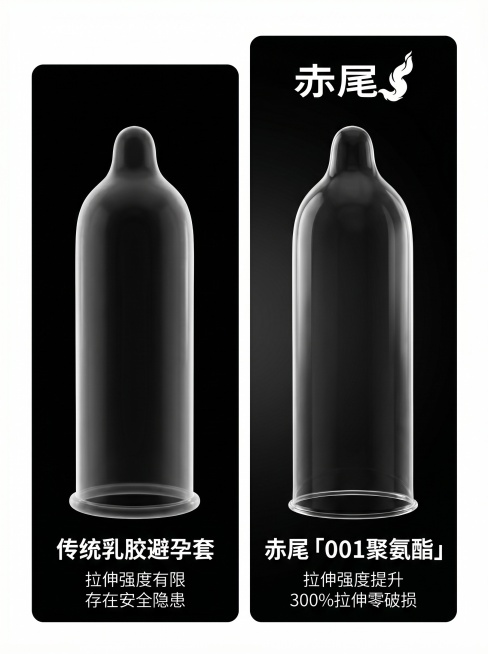 融合两张图片的元素，将image2的尺寸粗细对比和image1的对比文案结合在一张图里。左侧粗的是传统乳胶避孕套，右侧细的是赤尾001聚氨酯避孕套。背景保持黑色渐变，保留所有文字信息：左侧文字「传统乳预览效果