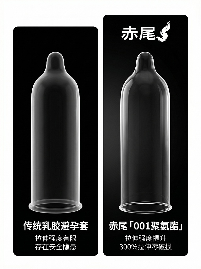 融合两张图片的元素，将image2的尺寸粗细对比和image1的对比文案结合在一张图里。左侧粗的是传统乳胶避孕套，右侧细的是赤尾001聚氨酯避孕套。背景保持黑色渐变，保留所有文字信息：左侧文字「传统乳胶避孕套 拉伸强度有限 存在安全隐患」，右侧文字「赤尾「001聚氨酯」 拉伸强度提升 300%拉伸零破损」。保持文字排版位置和原图一致，左侧更粗右侧更细的直观粗细对比，画面干净清晰，对比强烈。3:4比例，商业设计质感，文字清晰可辨，无变形，2K分辨率。
[负向提示词] 变形，文字错乱，对比不清晰，水印，背景杂乱