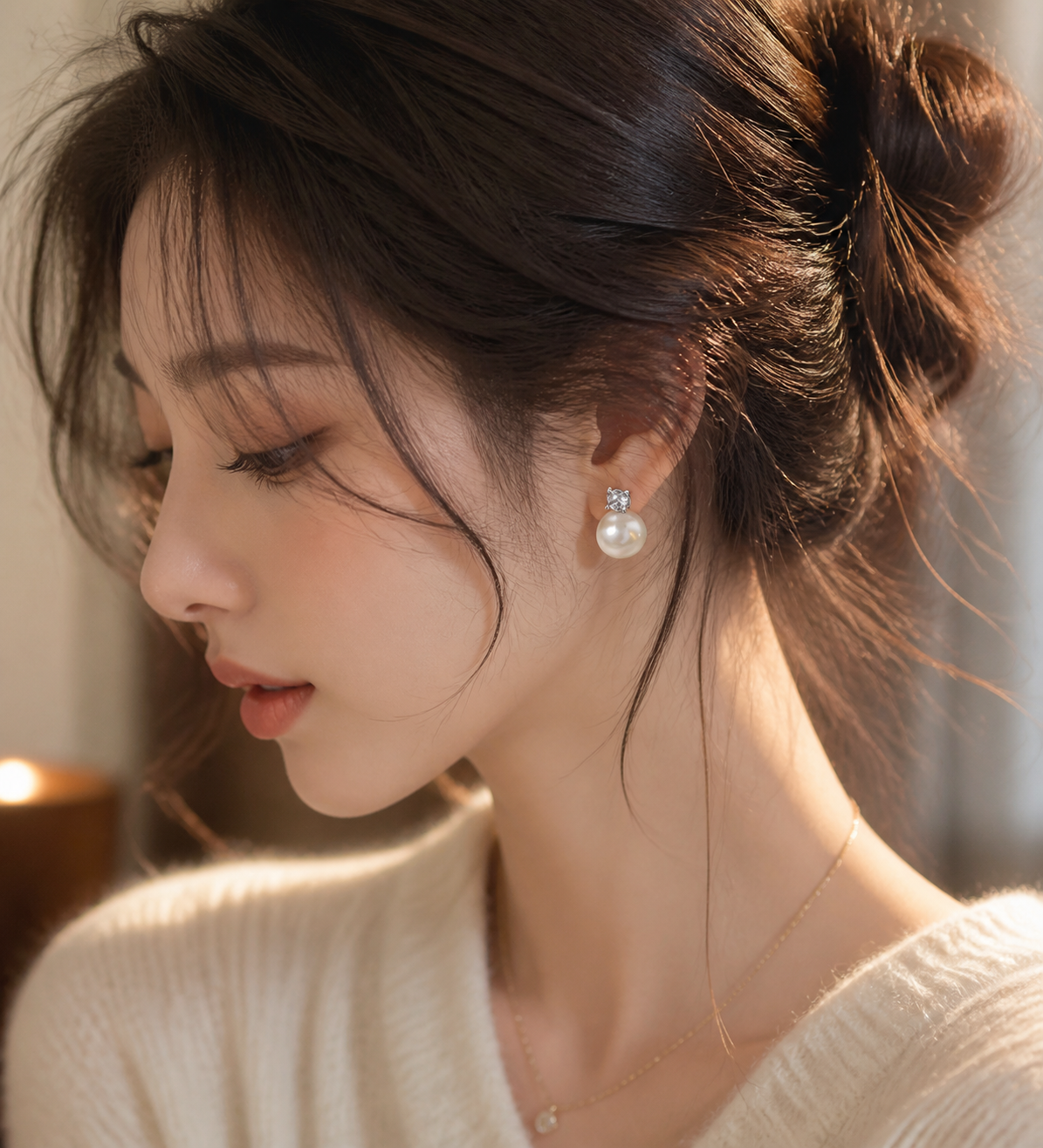 温柔女生侧脸佩戴参考图中的珍珠耳饰，法式慵懒风，暖光氛围感，小… - 图片创意预览