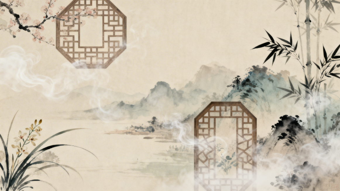 帮我生成一个古风背景长图，用来装饰香薰产品作为产品详情页的背景图预览效果