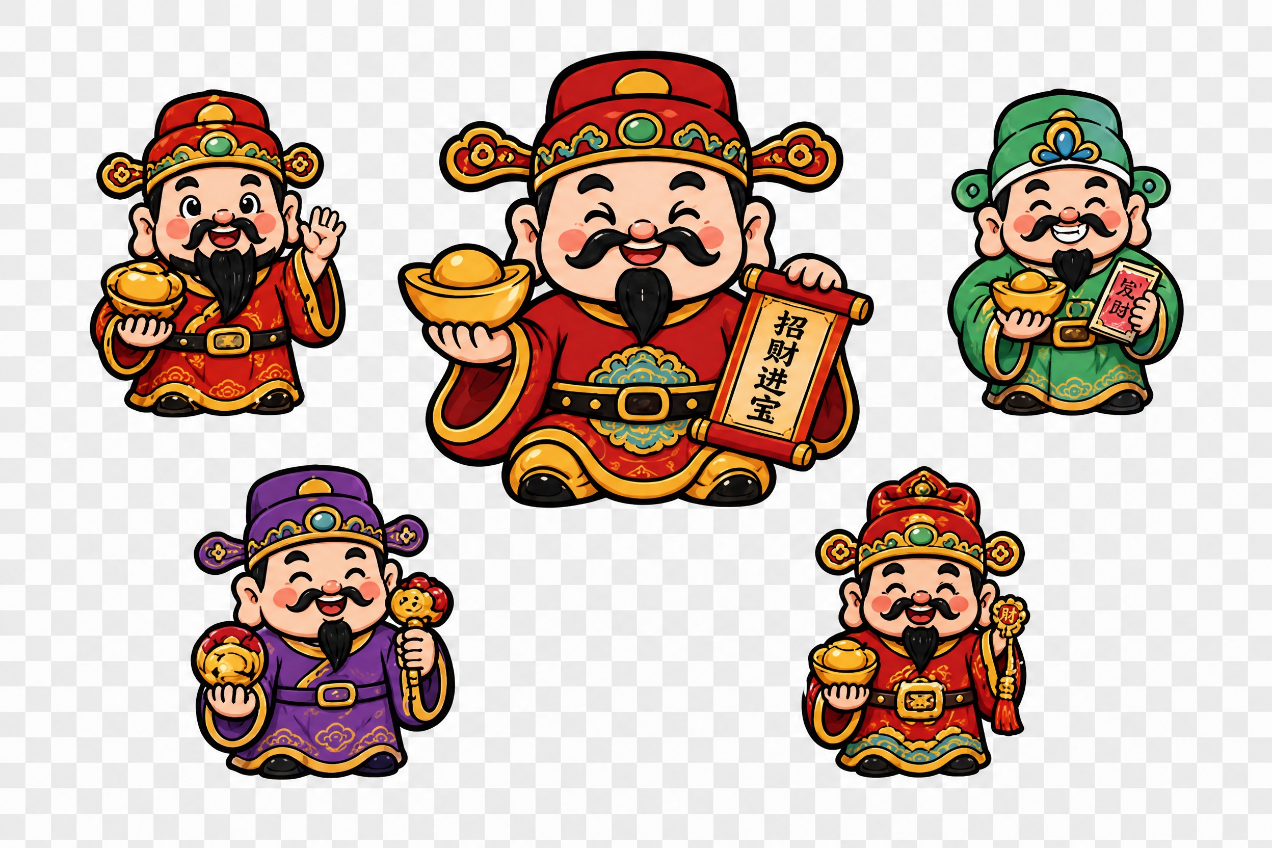 从这张国潮货架插画中提取所有财神形象素材，将5个主要财神（中央… - 图片创意预览