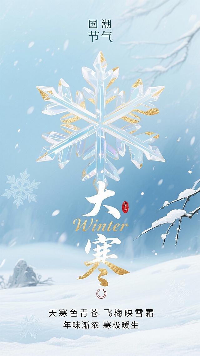 国潮风画质感，冰晶雪花融鎏金细节，重拟物设计呈现静谧冬景，清透中见中式雅韵，大寒节气意境悠然。