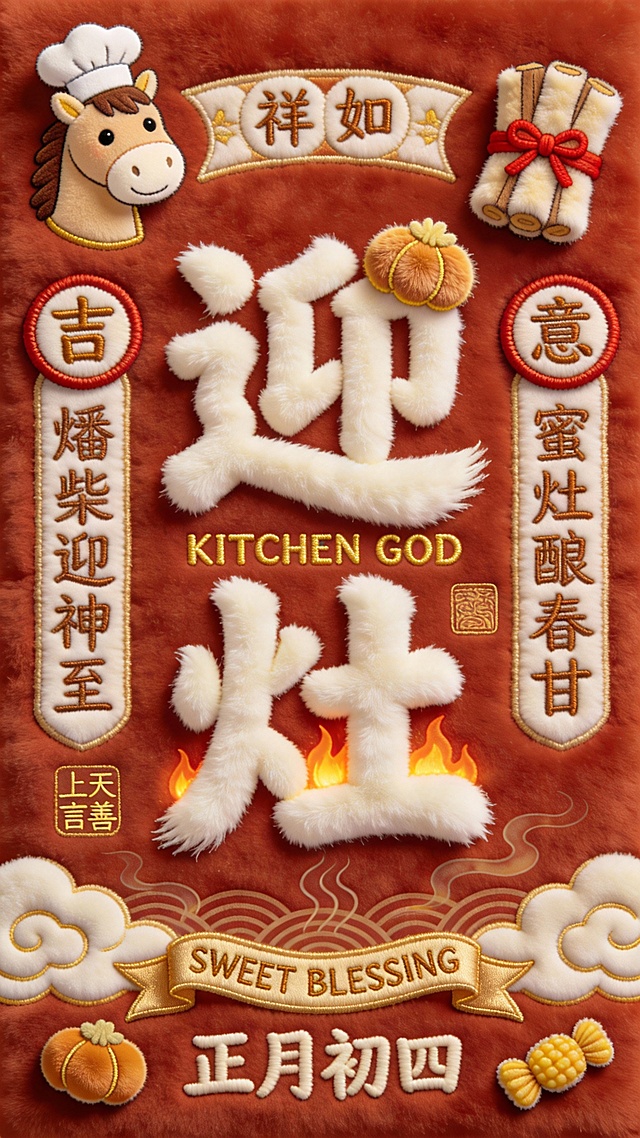 国潮刺绣风融合毛发生长质感，卡通马头与拟物元素点缀，喜庆红底衬托中式吉祥语，正月初四迎灶神，传递甜蜜祝福。