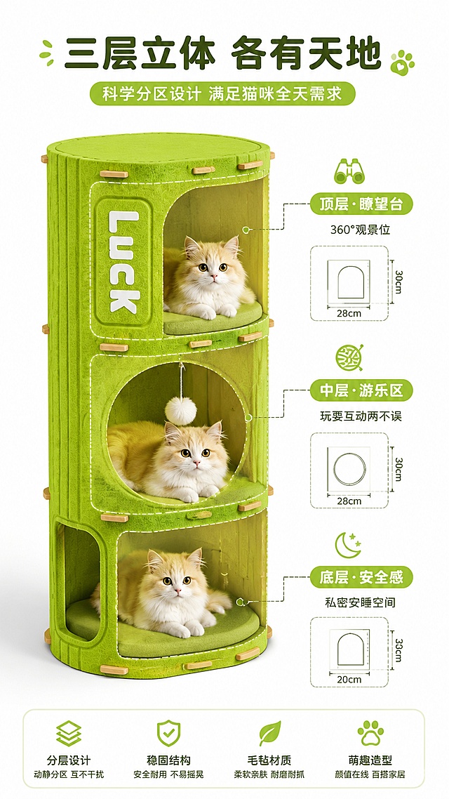 [第4屏] 结构解析-三层空间分层说明，内部结构展示。本屏使用【图1】作为商品主体，做剖面分层展示。
[氛围/风格] 清晰专业结构图风格，3D立体透视，圆角标注，萌系设计语言。
[元素布局] 画面中央展示牛油果绿猫爬架的半透视立体图，占比约60%，可看到内部三层空间结构；每层用虚线和引线标注：顶层-瞭望台（拱形洞口，视野好）、中层-游乐层（圆形大洞口，带悬挂逗猫球）、底层-休息窝（半封闭洞口，安全感强）；每层旁边有小图标和空间尺寸示意；产品外部结构、毛毡材质、木质踏板与输入图一致。
[光影质感] 左上方主光，右侧辅助光，半透明内部结构柔和发光，整体清晰立体。
[配色色系] 全局底色 #FFFFFF（纯白）；主色牛油果绿 #8BC34A；辅助色浅绿、白色；标注线深灰色。
[视角构图] 45°斜侧透视视角，产品为中心，阅读动线从上到下逐层解读。
[文字版式] 顶部主标题「三层立体 各有天地」，圆润粗黑体，深绿色；每层标注文字：「顶层·瞭望台 360°观景位」「中层·游乐区 玩耍互动两不误」「底层·安全感 私密安睡空间」；引线标注清晰，圆角标签，绿色标题配灰色说明。
[比例分辨率] 9:16 竖版比例，4K 分辨率，文字清晰可辨，高清画质。
[负向提示词] 产品变形，结构错误，颜色偏差，水印，文字错乱，剖面不清晰，标注混乱。