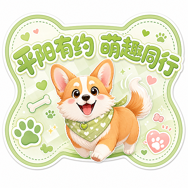 卡通宠物异形贴纸，中心放置卡通柯基摇尾巴，边缘异形抠图贴合骨头轮廓，圆润大字主标题"平阳有约 萌趣同行"，整体马卡龙浅绿色系，边角点缀骨头、爪印、爱心装饰，清新活泼风格，不添加活动时间、地址、额外主题文字