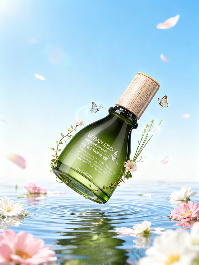 清新水彩风，3D轻拟物设计，玻璃瓶悬浮于花漾水面，蝴蝶翩跹，梦幻唯美，传递自然与科技交融的生态美学。