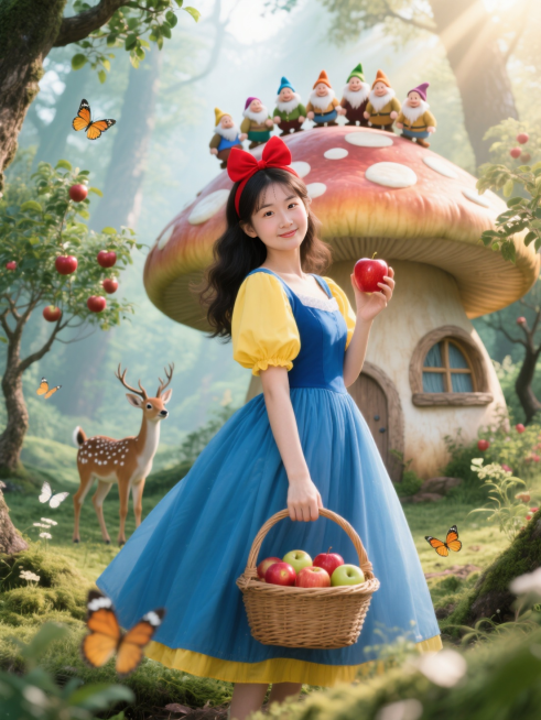 在童话世界的丛林里，女生身着公主的衣服，蓝裙子黄色的袖口，胳膊挎着装苹果的篮子，另一只手里拿一个红苹果，头上戴着红色蝴蝶结发箍，身后是一个可爱的大型蘑菇屋，还有几棵苹果树，一只小鹿，身后隐约看到7个小预览效果