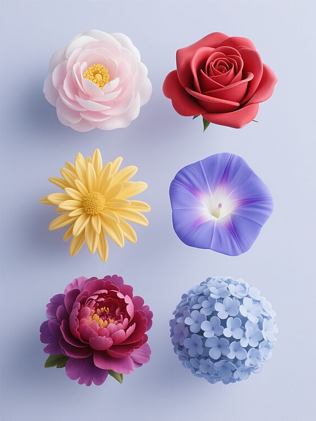 高仿真3D渲染花卉系列，保持原图超写实质感、细腻花瓣纹理、柔和高光与自然阴影效果，采用纯色背景。画面整体变换为清新柔和的马卡龙色系，包含六个完全不同元素内容的规整排布集合：左上为粉白色山茶花，花瓣层层叠叠，黄色花蕊点缀；右上为绯红色玫瑰花，花型饱满，边缘微卷；左中为明黄色菊花，花瓣细长呈放射状；右中为蓝紫色牵牛花，漏斗状花冠，白色花喉；左下为紫红色牡丹花，花大色艳，重瓣舒展；右下为淡蓝色绣球花，圆形花球由众多小花簇拥而成。所有花卉大小均匀，间距相等，呈2x3网格状整齐排列，整体风格统一，色彩协调且区分明显，细节精致，营造出清新自然的视觉美感。