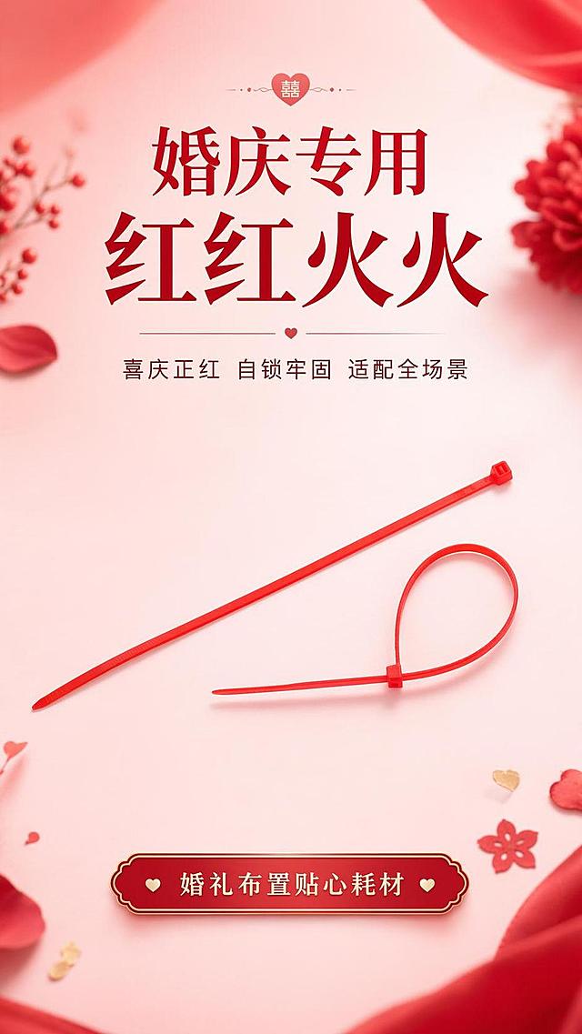 [第1屏] 详情页头图-红色婚庆专用尼龙扎带产品宣传海报。本屏使用【图1】作为商品主体。
[氛围/风格] 喜庆婚庆风格，浅红渐变背景，商业摄影质感，氛围温馨吉利。
[元素布局] 红色尼龙扎带放置在画面中下区域，占比约70%；上方预留主标题区域，底部布置信息条；产品结构、颜色、形态与输入产品图保持一致。
[光影质感] 顶侧柔光打亮产品，突出红色的饱和度和尼龙材质光泽，底部柔和投影，画面通透有层次。
[配色色系] 全局底色 #fff5f5；主色正红色；辅助色浅红渐变背景、深红褐色文字。
[视角构图] 正面平视，产品为绝对视觉中心，阅读动线从上到下流畅自然。
[文字版式] 版式为上方标题 + 中部产品 + 底部信息。主标题「婚庆专用 红红火火」，副标题「喜庆正红 自锁牢固 适配全场景」，主标题醒目加粗居中，副标题在下方辅助说明；底部标注「婚礼布置贴心耗材」，文字不遮挡主体产品。
[比例分辨率] 9:16竖版比例，4K分辨率，文字清晰可辨，高清画质。
[负向提示词] 产品变形，缺件错件，颜色偏粉偏暗，文字错乱，水印，背景杂乱，产品图模糊。