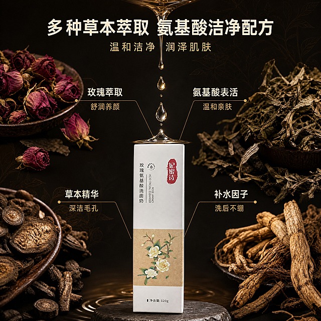 [主图-2] 核心功效与草本成分解析，突出多种草本萃取原料与氨基酸洁净功效。
[统一基调] 整体风格为东方草本中药美学，背景主色为深褐偏黑的中药草本色调，搭配米白、暗金点缀；标题字色为米白色，辅助字色为浅金色，强调色为暗朱砂红；字体为干净的非衬线体，字号层级分明；卡片与边框采用细金线、草本纹理底纹，整体高级沉稳。
[画面] 产品包装盒置于画面下方居中，占画面约35%，正面展示。画面上方及两侧环绕多种晒干后的深褐偏黑色草本原料特写，包括干玫瑰花、干草本叶片、深色中药材切片、草本植物根茎，每种草本原料旁用细金线引出标注。中间区域有晶莹的草本萃取液滴缓缓滴落，融入下方产品，体现萃取过程。背景为深褐黑色渐变，带有淡淡的草本纹理暗纹，营造专业中药草本实验室氛围。
[光影质感] 商业摄影质感，柔和顶光与侧光结合，草本干料纹理清晰，萃取液滴通透有光泽，产品包装盒质感真实，阴影自然柔和。
[配色] 深褐偏黑中药色背景，米白文字，暗金引线与点缀，草本原料为自然深褐黑色，整体色调统一。
[文字版式] 画面上方大标题"多种草本萃取 氨基酸洁净配方"，米白色粗体大字。画面中部用细金线连接四种草本原料，分别标注"玫瑰萃取 舒润养颜"、"氨基酸表活 温和亲肤"、"草本精华 深洁毛孔"、"补水因子 洗后不绷"，浅金色文字配米白小标题。文字不遮挡产品主体。
[输出要求] 比例1:1，文字清晰可读，产品清晰不变形，无生产厂家信息，无水印，无平台Logo，无错字，无夸大医疗功效表述。