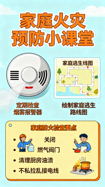消防知识科普海报，插画风格，主题为家庭火灾预防，包含烟雾报警器、逃生路线图元素，宣传家庭防火检查要点，温馨警示风格，色彩清晰明快预览效果