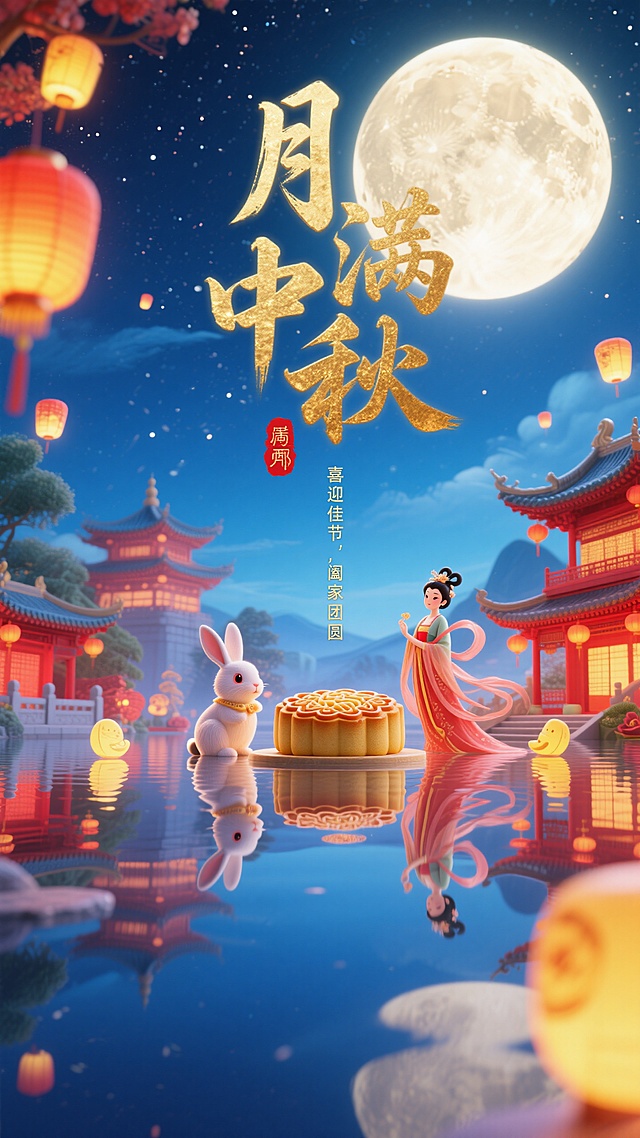 传统中秋节，国潮插画风，金色“月满中秋”大字是书法体，红色印章小字”喜迎佳节，阖家团圆“。有月饼，兔子，嫦娥，宫殿的传统元素，灯笼高斯模糊+动感模糊。上半图背景是夜空+圆月，前景是水面倒影。色彩保和明亮，字体磨砂闪金，整体画面宏大灵动，整体氛围是热闹喜庆。背景底色以青蓝色为主，铺助色要红色+黄色