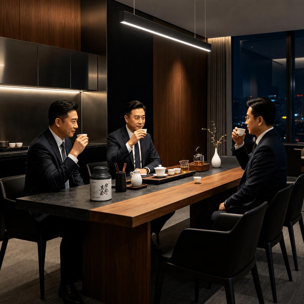 保留图一的商务茶室场景、三位商务人士以及桌上的所有茶具完全不变… - 图片创意预览