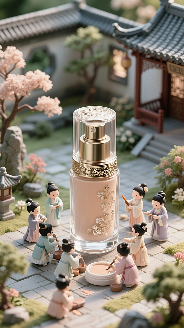 一个巨大的罐装粉底液，古风小人围绕玻璃罐制作粉底液，背景古风庭院