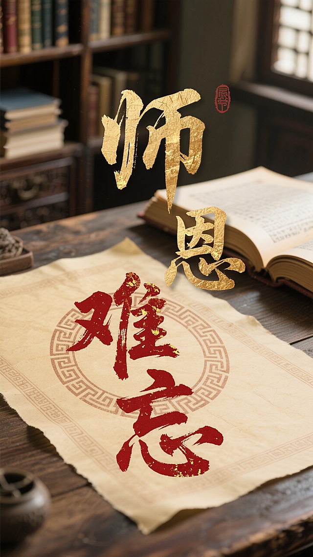 中式古典风格，鎏金大字与红墨书法相映，彰显国潮文艺气息，表达师恩难忘之情。