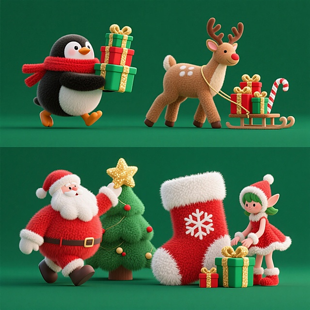4个圣诞元素，上下两行对齐排列。分别是1.戴红围巾的企鹅，双手举着堆叠的金蝴蝶结圣诞礼盒，迈步向前。2.驯鹿，奋力拉着装满红绿礼盒、插着拐杖糖的雪橇。3.圣诞老人，踮脚将金色星星挂在圣诞树顶。4.精灵女孩，穿红雪花裙，在饰有白毛绒边、雪花刺绣的巨型圣诞袜旁整理礼物盒。深绿色背景。