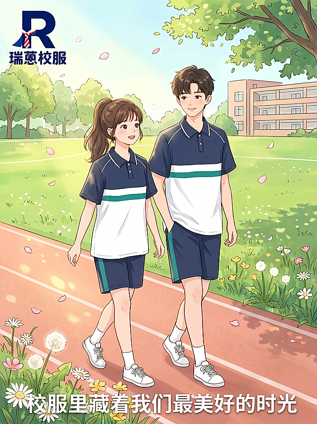 将瑞蒽校服LOGO移动到海报的左上角位置，在海报底部添加配文"校服里藏着我们最美好的时光"，保持原有画面内容和清新唯美的校园动漫风格不变