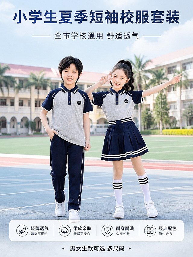 [第1屏] 详情页头图-小学生通用款夏季短袖校服套装户外展示海报，本屏使用【图1】作为商品主体模特参考。
[氛围/风格]：清新活力校园风，户外校园操场场景，自然明亮商业摄影质感。
[元素布局]：男女模特穿着校服套装站立于画面中心，占比约70%；背景为校园操场和教学楼，保留自然绿植环境；产品款式、颜色、拼色结构与输入商品图保持完全一致。
[光影质感]：上午柔和自然光，正面均匀打光，人物轮廓清晰，阴影柔和自然，整体画面明亮通透。
[配色色系]：全局底色 #F5F8FA，主色藏青+浅灰，辅助色浅绿背景、深灰文字。
[视角构图]：正面平视，人物为绝对视觉中心，阅读动线从上到下：顶部标题→中间模特→底部信息。
[文字版式]：版式为顶部标题+中部产品+底部卖点提示。主标题「小学生夏季短袖校服套装」，副标题「全市学校通用 舒适透气」，加粗居中排列；底部小字标注「男女生款可选 多尺码」，文字不遮挡人物主体。
[比例分辨率]：3:4 竖版比例，4K分辨率，文字清晰可辨，高清画质。
[负向提示词]：人物变形，服装结构错误，颜色偏差，文字错乱，水印，背景杂乱，文字过小