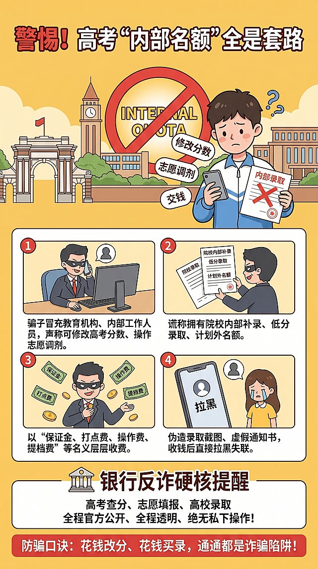 「图片1」「图片1」「图片1」「图片1」「图片1」「图片1」「图片1」「图片1」「图片1」「图片1」我是一名银行反诈工作人员，结合目前高考结束，需要针对高考季开展反诈宣传，请以此为主题制作宣传长图文章，用于发布公众号等媒体，要求：8页长图，内容契合主题，反诈内容适应高考季，能吸引高考学生，添加图案等丰富版面，内容涵盖对于高考生的常见诈骗手段及防范提示等。充分按照参照这提供图的风格、样式、排版以及图片和问题所占的比例。要求：每一页的色调风格一致，让配图占每一页画面的比例较多，问题内容可以适当删减。
每一页的具体要求如下：
第1页：封面页。主标题（超大粗体）：高考收官莫松懈 反诈护航新征程 
副标题（居中浅色字）：致2026全体高考生 擦亮双眼 远离骗局 安心奔赴盛夏与山海 
适配配图元素：毕业剪影、录取通知书、青春蓝底色、反诈盾牌、星光装饰边框 
第2页：前言科普页，反诈背景。 标题：考完放松≠放松警惕 、考季，正是电信诈骗高发期！ 
正文内容：高考结束后，同学们时间自由、上网时间增多、社交购物频繁、零花钱充裕，同时大家高度关注：查分、报志愿、录取、升学、暑期兼职等热点，个人信息曝光量大、防范意识较弱，因此成为电信网络诈骗分子的重点盯上人群。 
高发骗局诱因：1. 轻信“内部关系、花钱改分、低分补录”升学捷径。2. 急于找暑期兼职、轻松高薪工作。3. 轻信高考补贴、助学金、中奖福利。4. 游戏交易、充值返利、二手交易需求旺盛。 醒目金句标语：快乐可以尽情放松 反诈警惕绝不放假！ 
适配配图元素：手机弹窗、消息气泡、警示小图标、青春浅色底纹、银行工作人员形象、大学生的形象 
第3页：骗局一，升学录取类诈骗。 标题：警惕！高考“内部名额”全是套路 
诈骗套路拆解：1. 骗子冒充教育机构、内部工作人员，声称可修改高考分数、操作志愿调剂。2. 谎称拥有院校内部补录、低分录取、计划外名额。3. 以“保证金、打点费、操作费、提档费”等名义层层收费。4. 伪造录取截图、虚假通知书，收钱后直接拉黑失联。
银行反诈硬核提醒：高考查分、志愿填报、高校录取，全程官方公开、全程透明、绝无私下操作！ 防骗口诀：花钱改分、花钱买录，通通都是诈骗陷阱！ 
适配配图元素：虚假通知书、红色禁止标识、学校建筑简约插画、大学生的形象。 
第4页：骗局二，暑期兼职刷单诈骗。 标题：暑期找兼职 高薪刷单千万别碰 
诈骗套路拆解：1. 网络发布：居家兼职、轻松上手、日入数百、高薪刷单任务。2. 前期小额刷单小额返利，骗取考生信任。3. 诱导连续连单、大额垫付任务，做完任务直接冻结、拒返本金。4. 以入职费、押金、培训费、工牌费提前收费，收款跑路。 
反诈重点提示：所有刷单、刷流水任务，全部是诈骗，且属于违法行为！正规求职工作：零垫付、零押金、零前期收费！ 
适配配图元素：手机聊天界面、金币打叉图标、兼职陷阱警示图、银行工作人员形象、大学生的形象。
第5页：骗局三，高考补贴助学金诈骗。 标题：陌生奖学金、高考补贴 切勿轻信！ 
诈骗套路拆解：1. 冒充教育局、学校、财政部门发短信、打电话。2. 谎称可申领高考专项助学金、升学补贴、优秀考生奖金。3. 发送陌生链接，诱导填写身份证、手机号、银行卡信息。4. 索要短信验证码、转账手续费，盗取账户余额。 
官方权威提醒：正规教育补贴、助学金、不会私发短信链接、不会索要验证码、不会提前收费！ 
适配配图元素：红包警示、链接弹窗、安全锁插画、银行工作人员形象、大学生的形象。 
第6页：骗局四，游戏交易娱乐诈骗。 标题：假期娱乐放松 守住钱包底线 诈骗套路拆解：1. 高考后游戏时间增多，骗子瞄准账号买卖、皮肤交易、代练充值。2. 搭建虚假交易平台、私发链接，脱离官方平台私下交易。3. 以解冻资金、保证金、手续费为由持续骗钱。4. 骗取账号密码、验证码，盗刷支付账户。 
防骗要点：1. 游戏交易只走官方正规渠道。2. 绝不私下扫码、私转私账。3. 密码、验证码绝不告知陌生人。 
适配配图元素：游戏手柄、少年插画、反诈盾牌、银行工作人员形象、大学生的形象
第7页：考生专属，五不反诈准则。 大标题：高考生专属反诈“五不原则”、守住青春第一笔财富！
 正文五条准则（逐条清晰排版）：1. 不轻信。不信陌生电话、陌生消息、所谓内部捷径、特殊福利。2. 不透露。身份证、银行卡号、支付密码、短信验证码绝不外泄。3. 不转账。凡是陌生人员要求转账、缴费、解冻资金，一律拒绝。4. 不点击。不点未知短信链接、陌生网友私发链接。5. 不扫码。不扫陌生二维码、来路不明收款码、认证码。 
紧急求助通道：遇到可疑诈骗、疑似被骗、立即拨打 110 报警、同时联系银行冻结账户、止付保全资金。 
适配配图元素：五组对应简约图标、盾牌守护底纹、银行工作人员形象、大学生的形象 
第8页：封底页，结尾升华。 主标语（居中大字）：少年逐梦前路坦荡 反诈同行不负韶华 副标语：远离电信诈骗 守护青春财富 平安度过美好暑假 奔赴崭新未来 适配配图元素：蓝天白云、青春少年、飘扬丝带