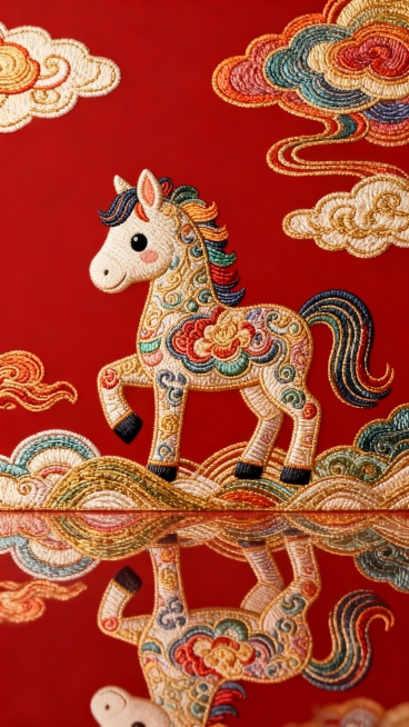 Q版小马，七彩祥云，全部整体，抽象画风，凸印金线，花纹线条组合而成的，层次分明，中国传统纹饰，色彩斑斓美轮美奂，线条柔美灵动，传统美学，立体感，朱砂红色背景，高清渲染预览效果