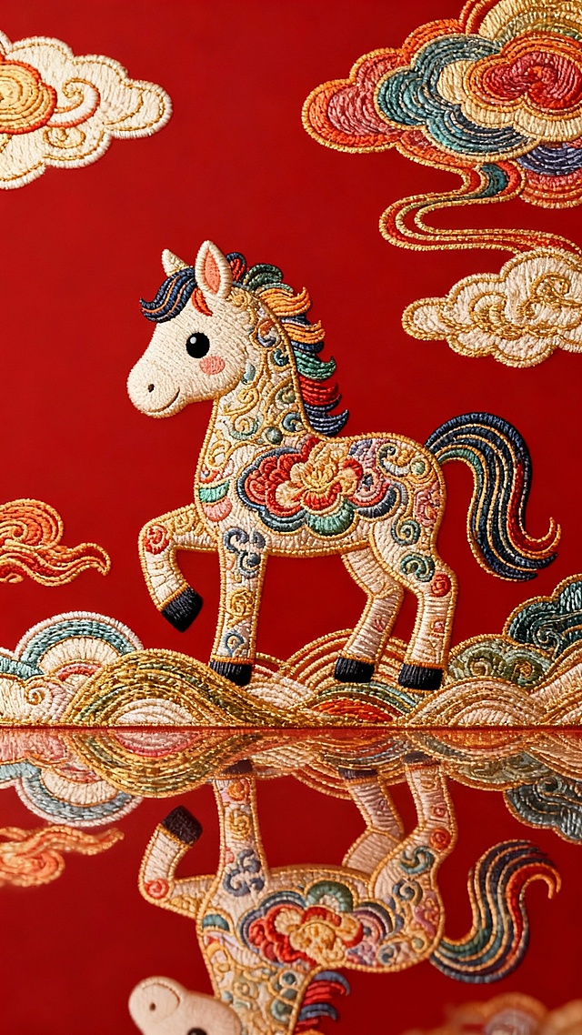 刺绣风与国潮风融合，卡通小马身披工笔纹样，踏云而行，倒影映水，红底祥云烘托喜庆氛围，兼具古典与可爱感。