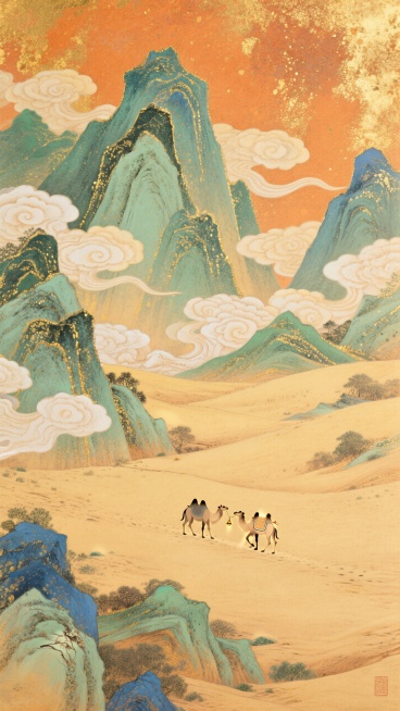敦煌艺术，以橙色、黄、绿为主色调，连绵起伏的山峰，祥云，小小的驼队远行穿越大漠，远景预览效果