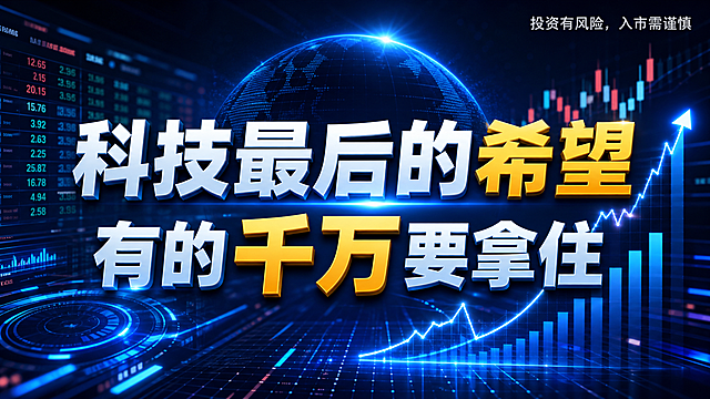 参考提供图片的科技金融风格，生成一张16:9的公众号封面图。背景包含K线、上升走势线、金融盘面等金融科技元素，整体深蓝色科技光影风格，和参考图风格一致。图片右上角必须添加文字：“投资有风险，入市需谨慎”。图片中央分两行显示标题：第一行“科技最后的希望”，第二行“有的千万要拿住”，标题突出重点关键字，标题字体配色多样合理，不添加其他任何文案内容。