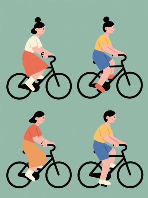 系列插画，四个不同造型的亚洲女性骑自行车的集合，每个女性穿搭各异，保持原插画的扁平风格、简洁线条、圆润造型和纯色填充，整体色彩变换，规整排布在纯色背景上，每个角色都有丸子头、佩戴手表，骑着黑色自行车，姿态相似但服装款式、颜色各不相同，画面干净简洁，无多余装饰元素预览效果